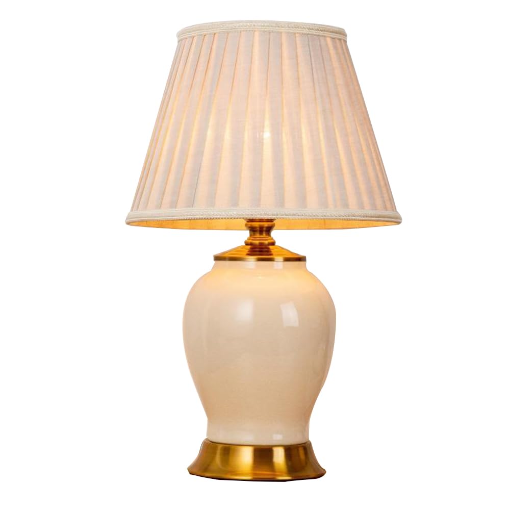 Lampe de table LED en céramique moderne, abat-jour plissé, base en métal, lampe de chevet E27, lampe de table d'éclairage pour salon et chambre à coucher (blanc)