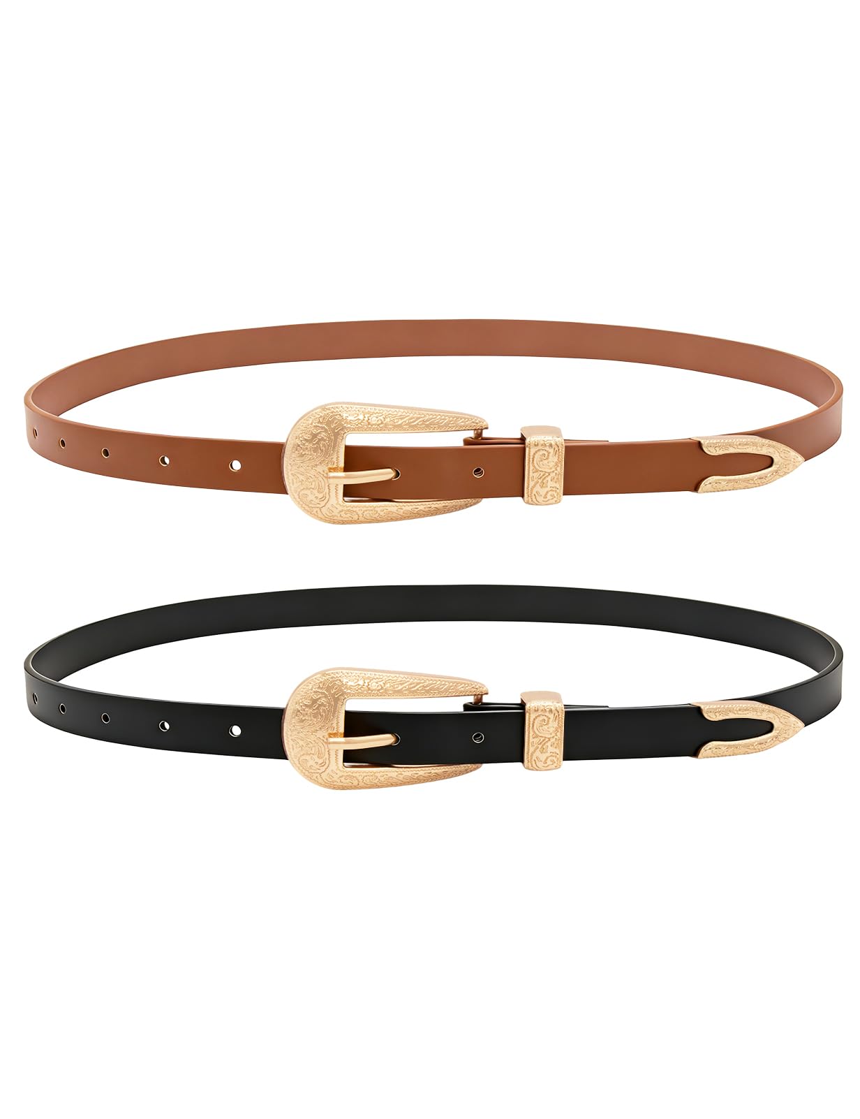 Skinny Western Belts for Woman Gold Buckle Cowboy Cowgirl Rodeo Belt for Dress Jeans Black Brown