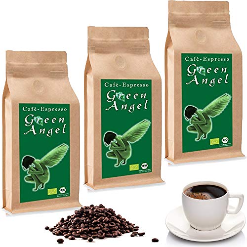 C&T BIO Green Angel Espresso Deluxe 3 x 1000 g ganze Kaffeebohnen - der Fruchtige - Ökologischer Kaffee aus der beliebten Espresso Angel Serie