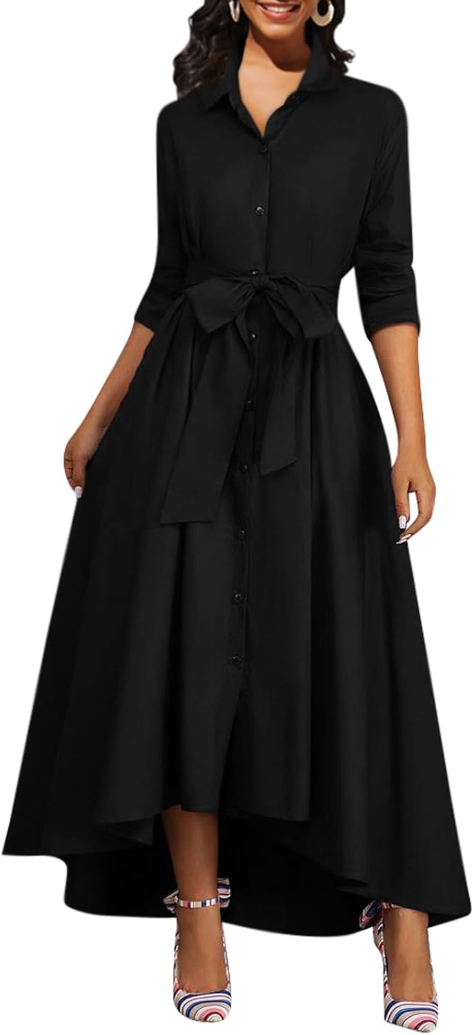 BestGirl Women's Button Down T-Shirt Dress Casual High Low V Neck Loose Long Dress with Belts