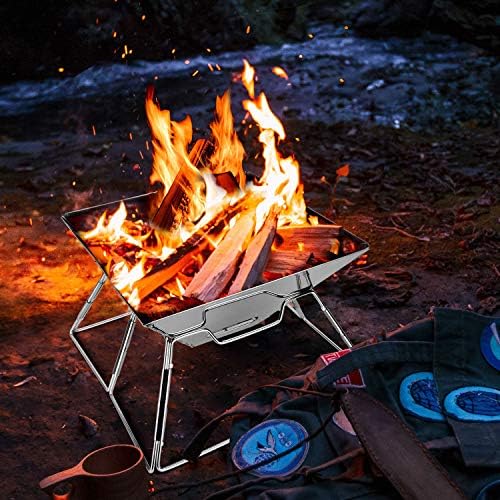 Odoland Collapsible Campfire Grill Camping Fire Pit, 304 Stainless Steel Grill Gate, Heavy Duty Portable Camping Grill with Carrying Bag