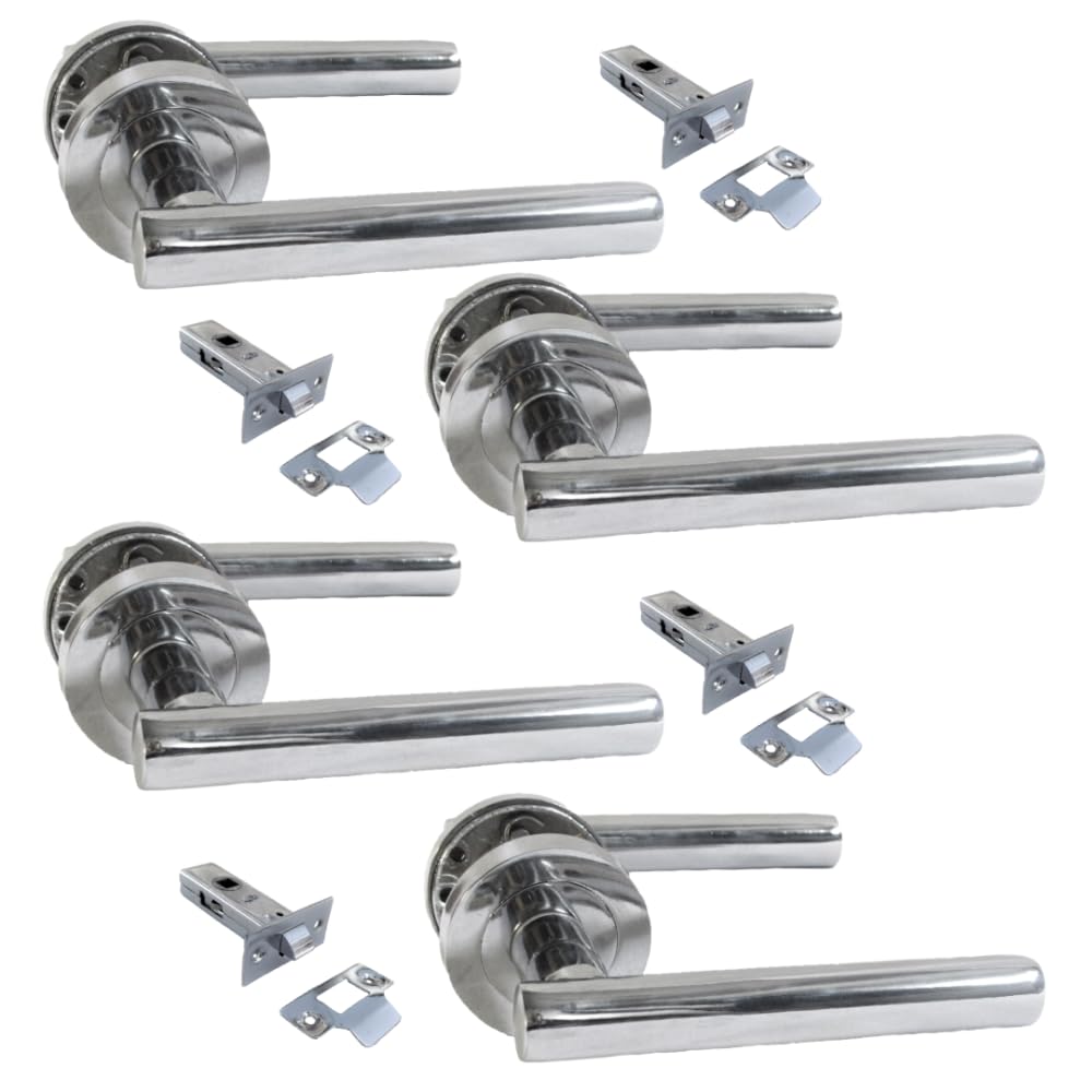 Pack of 4 Chrome Door Handle with Tubular Latch – 123mm Lever on 52mm Rose | Complete Polished Chrome Internal Door Set