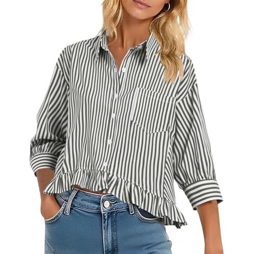 LOMON Womens 3/4 Sleeve Button Down Tops Dressy Casual Collared Shirts Blouses Ruffle Babydoll Tops Loose Fit Black and White Stripes XX-Large