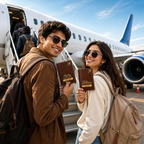 Image of Personalized Couple Passport Cover for Men & Women | Custom Name Passport Holder Set (2 Pcs) | Travel Passport Cover for Couple | Gift Set for Wedding Anniversary Husband Wife
