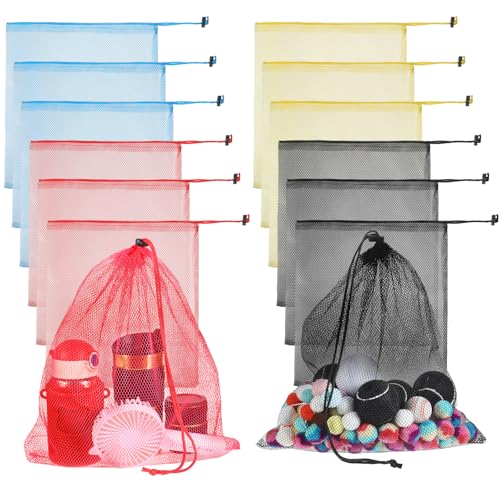 12Pcs Colorful Mesh Bag Sports Equipment Bag Multipurpose Nylon Drawstring Bag with Cord Lock Closure 15.6