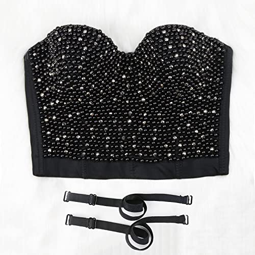 Ellacci Women's Diamond Pearls Beaded Rhinestone Bustier Crop Top Corset Tube Top Black Medium #TOP2