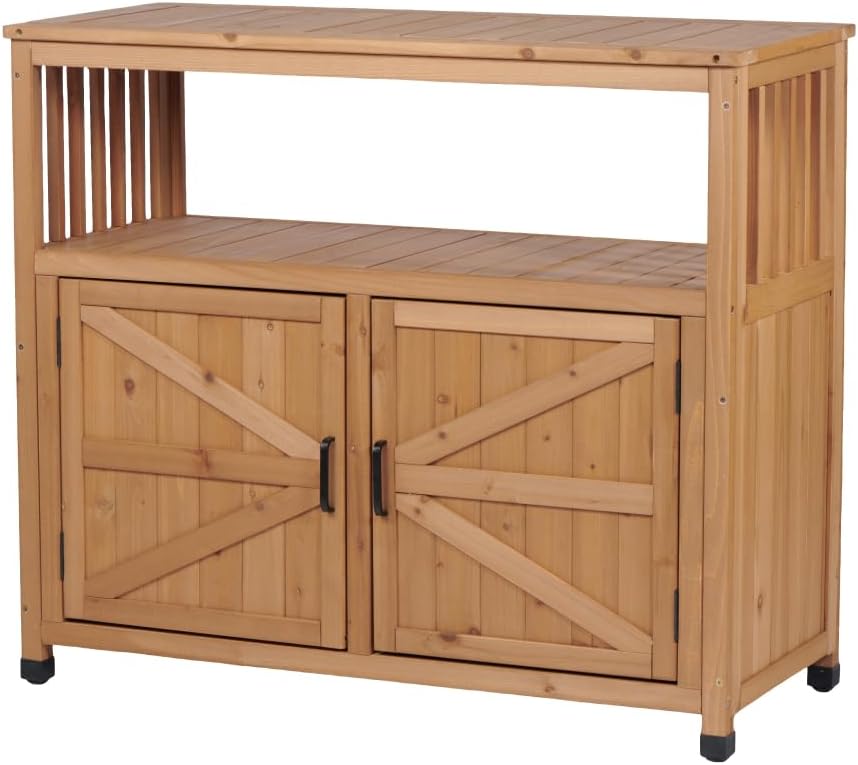 Rustic Wood Potting Bench with Metal Top Shelf Storage Cabinet for Garden Patio Outdoor Workstation and Tool Organization (Bar Table - Light Brown)