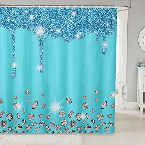 Loussiesd Silver Glitter Shower Curtain (No Glitter) Bling Partyations Lake Blue Bathroom Fabric for Diamond and Jewelry Bath Curtain 72x72 Inch