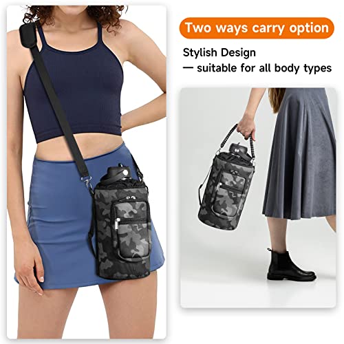 AceTreker 64/87/128 oz Neoprene Water Bottle Holder with Shoulder Strap, Half/One Gallon Sling Carrier Bag for Insulated Metal Water Jug Bottle with Paracord Handle and 2 Pocket-Gray Camo