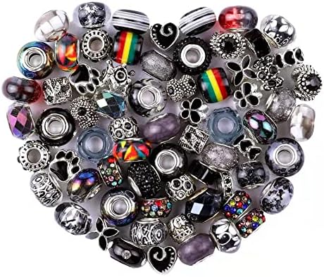 60 Pieces Assorted European Beads with Copper Core Big Hole Resin Spacer No Copper Core Lampwork Colorful Beads Rhinestone Craft Beads for DIY Charm Bracelet Jewelry Making (Black)