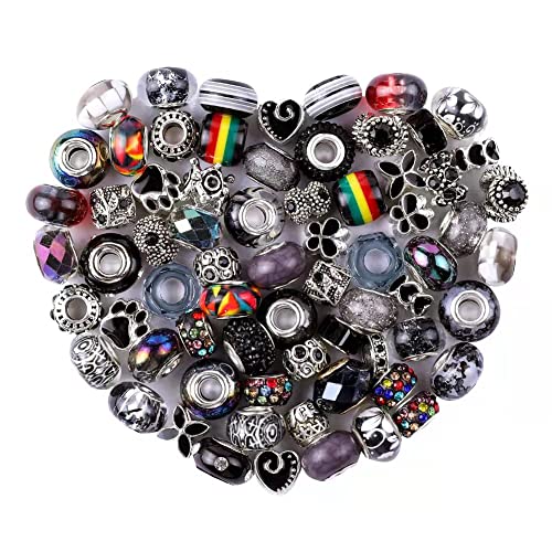60 Pieces Assorted European Beads With Copper Core Big Hole Resin Spacer No Copper Core Lampwork Colorful Beads Rhinestone Craft Beads For Diy Charm Bracelet Jewelry Making (Black) #TOP21