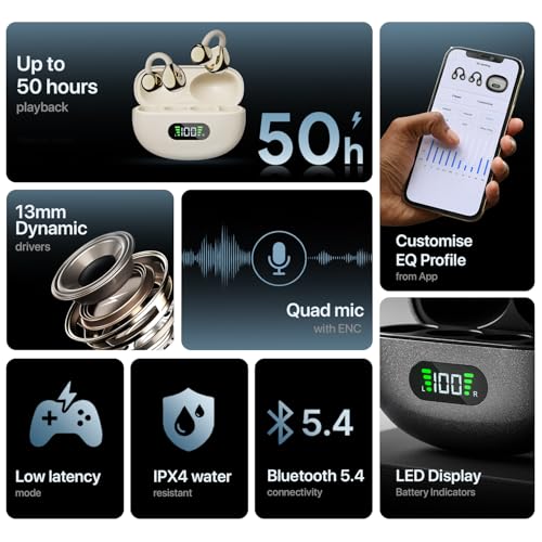 Image of Fire-Boltt Aero Clip OWS Earbud w /Clip-On Fit, Custom EQ, Wireless Bluetooth TWS,50H Playtime, 50ms Low Latency, Display on Charging Case, App Support, Touch Controls, Gaming & Music - Midnight Black