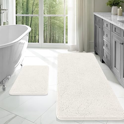 Image of OLANLY Bathroom Rugs Sets 2 Piece, Soft Absorbent Chenille Bath Mats Area Rug Set, Non-Slip, Quick Dry, Machine Washable Bath Mats for Bathroom, Home Decor Accessories (47 inchx20 inch+24 inchx16 inch, Ivory)