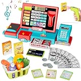 VOPOGLNE Cash Register Playset Toy for Kids, Real Calculator Register, Pretend Play Store with Music, Scanner, Play Money, Food, Preschool Learning Toy Playset Gift (Blue Red)