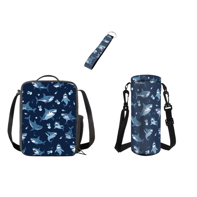 Kuiaobaty Sea Sharks Print Boys Lunch Bag with Water Bottle Holder, Navy Blue Children Meal Bag Set Wristlet Ribbon Keychain