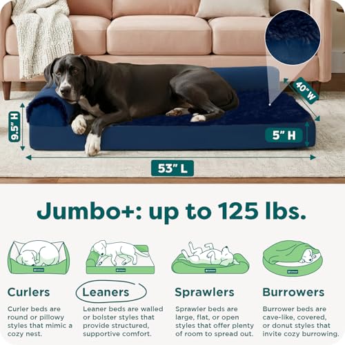 Image of Furhaven Orthopedic Dog Bed for Large Dogs w / Removable Bolsters & Washable Cover, For Dogs Up to 125 lbs - Plush & Velvet L Shaped Chaise - Deep Sapphire, Jumbo Plus /XXL
