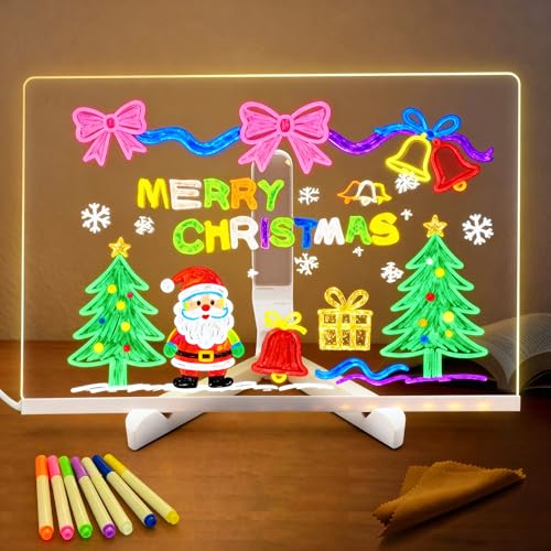 Eucomir Pizarra de Mensajes con LED Luminosa 20x30 cm, Tablero de Notas LED Acrílico con 7 Colores Bolígrafo y Soporte Ajustable,Disponible como Bloc de Notas, Tablero de Dibujo, Tablero de Mensajes