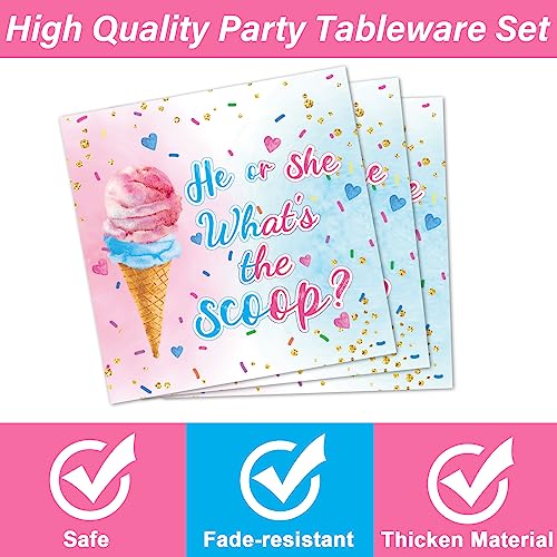 Image of 96PCS Ice Cream Gender Reveal Party Paper Tableware What's the Scoop Gender Reveal Plates Party Supplies for Summer Ice Cream Theme He or She Boy or Girl Baby Shower Dinnerware Plates Napkins Forks