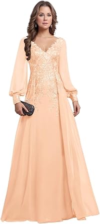 Mother of The Bride Dresses for Wedding Sequin Lace Long Sleeve Chiffon A Line Formal Evening Gowns for Women