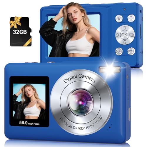 Digital Camera, 56MP 2.7K Dual-Screen Selfie Camera with 16X Zoom, 20 Filters & Anti-Shake, Portable Point and Shoot Digital Cameras with 32GB Card, Compact Travel Cameras for Beginners Teens Kids