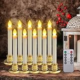 LED Flameless Window Candles with Remote Timer Gold Base 10 PCS Battery Operated Flickering Taper Candle Lights with Removable Candle Holders Best Gift for Xmas Wedding Home Dinner Decor