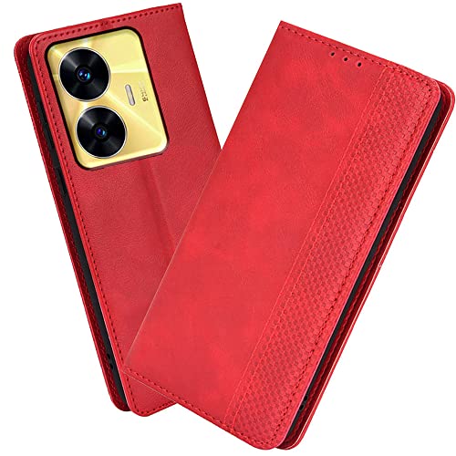 XINNI Protective Phone Case for Realme C55, PU/TPU Vintage Flip Leather Shockproof Cover Magnetic Book Style Wallet, Red