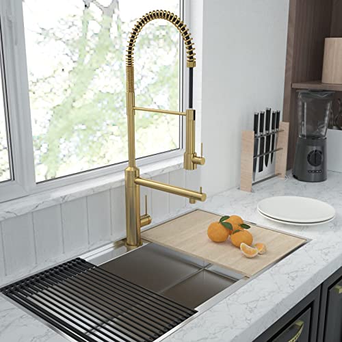 Cwm Brushed Gold Kitchen Faucet With Pull Down Sprayer And Pot Filler,2-Function High Arch Single Handle Commercial Style Kitchen Faucets With Spring Spout For Kitchen Sink,26.61Inch #TOP2