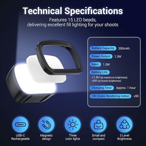 Image of JJC Xtra Muse LED Light Compatible with DJI Osmo Pocket 3, Type-C Rechargeable Mini Video Light, 3 Color Modes /Brightness Adjustable for Pocket3 Selfie Vlog Recording, Lightweight Magnetic