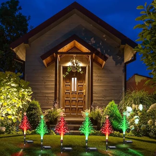 6 Pack Solar Christmas Tree Garden Stake Lights Outdoor Waterproof Color Changing Christmas Lighted Yard Decorations Optical Fiber Xmas Pathway Lights for Lawn Patio Cemetery (Red, Green)