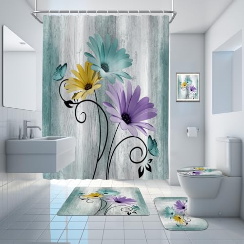Onalasyc 4PCS Blue Green Daisy Bathroom Sets with Shower Curtain and Rugs by Onlalasyc - Used condition - Image 8