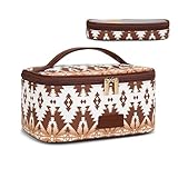 Montana West X Wrangler Travel Makeup Bag 2pcs Set Large Cosmetic Bag with Makeup Brush Holder Portable Make Up Organizer Cute Toiletry Bag with Divider and Handle for Women Aztec