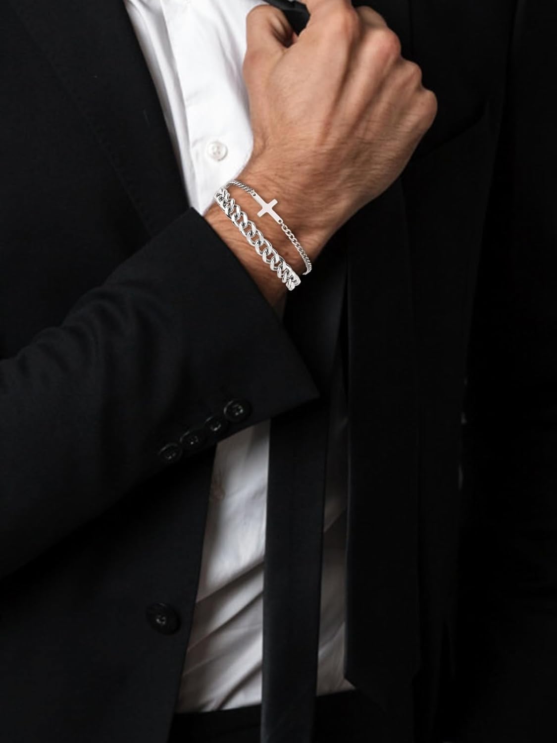 Personalized Master Stainless Steel Mens Cross Chain Bracelet, Adjustable Sturdy Silver Cuban Rolo Cable Figaro Bracelet Set for Men, 2-5Pcs - Image 3