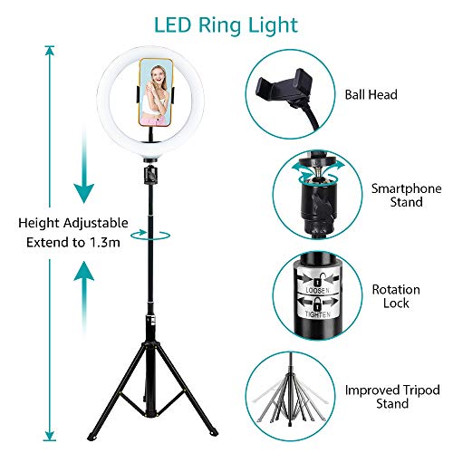 10\'\' Selfie Ring Light - LED Ring Light with Tripod Stand, Adjustable Phone Ring Light Compatible with iOS & Android Phones for Live Video, Makeup, Photography and Vlog Creation
