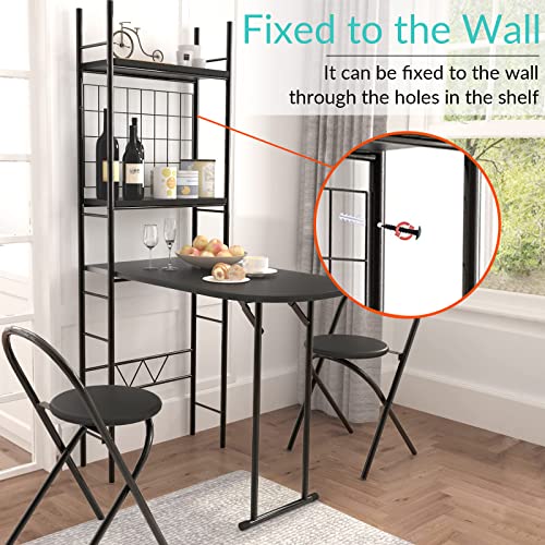 Fuslite 3 Pcs Small Folding Table And Chairs, Space Saving, Metal Foldable Desk Set, With Large Shelf For Storage, Small Dining Table For 2, For Small Spaces, For Work, Study, Dining, Kitchen (Black) #TOP3