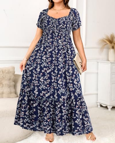 Image of Plus Size Sun Dresses Women - Summer Off the Shoulder Puff Sleeve A Line Boho Maxi Flow Long Dress 2025