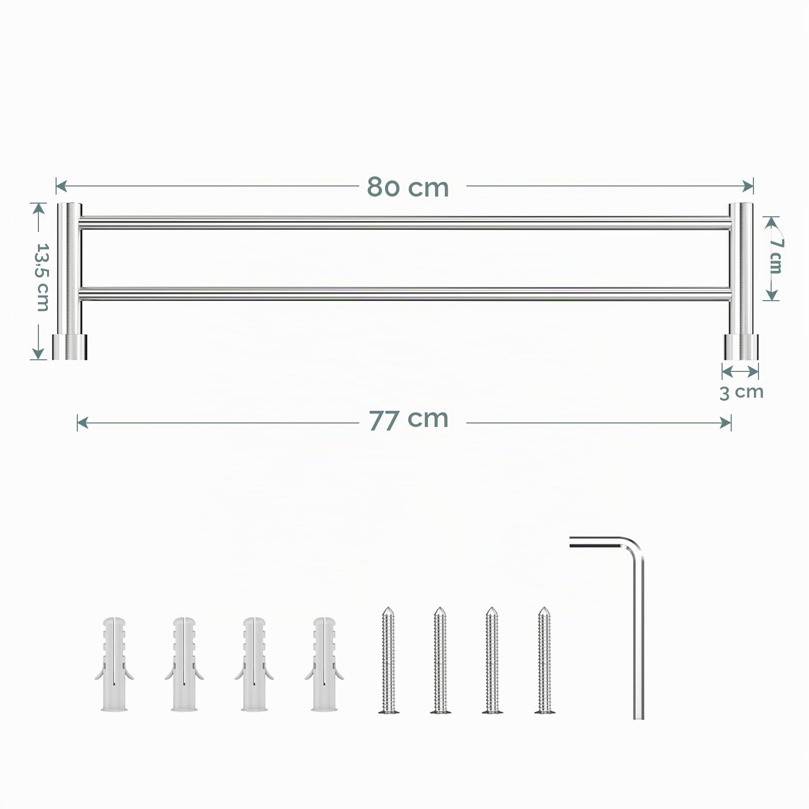 Handtuchhalter, Doppelt Bad Handtuchstange aus 304 Edelstahl Gebürstet Geschirrtuchhalter, 80cm, Zweiarmig Handtuch Stange, Bohrinstallation, Badetuchhalter für Duschwand, Badezimmer, Küche - Silber
