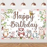 Balterever Owl Birthday Party Decorations for Girls Owl Happy Birthday Backdrop Banner Owl Woodland Birthday Party Supplies for Photography Background