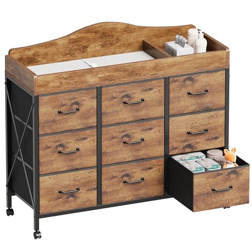 Image of YeTom Baby Changing Table with 9 Fabric Boxes, Waterproof Diaper Changing Station & Pad, Mobile Nursery Diaper Changing Table, Baby Furniture, Rustic Brown