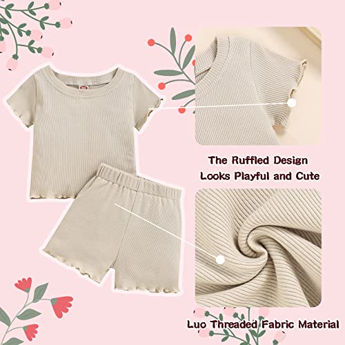 Image of Toddler Girl Clothes Summer Outfit Short Sleeve Shorts Set 12M-5T | Soft ribbed knit toddler girl outfit with breathable fabric, ruffle top, comfy shorts and stretchy fit for summer daily wear.