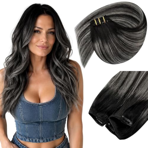 Image of Sunny Hair Clip in Hair Extensions Real Human Hair Black Ombre Balayage | 12 Inch Clip in Hair Extensions Natural Black to Silver Grey with Natural Blend and Secure Fit for Daily Wear 85g