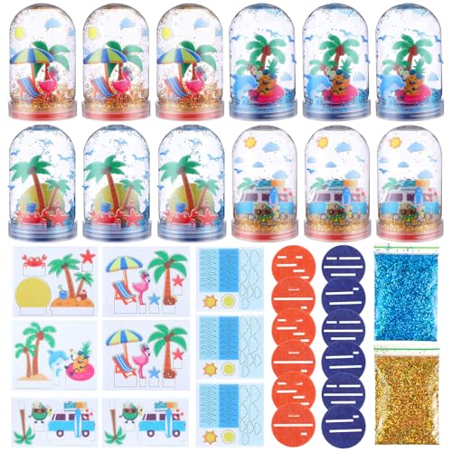 Lunmon 12 Set Summer Snow Globe Craft Kit for Kids Make Your Own Snowball Summer Bunny Umbrella Bee Glitter Plastic DIY Snow Globe Making Kit for Home Activities