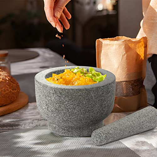 Grandma Shark Mortar And Pestle Set - 6 Inch，With Silicone Lid, Sticky Non-Slip Pad On The Bottom, Granite Mortar And Pestle Spice Grinder For Grinding, Making Guacamole, Salsa, Holds 2 Cups, Grey #TOP2