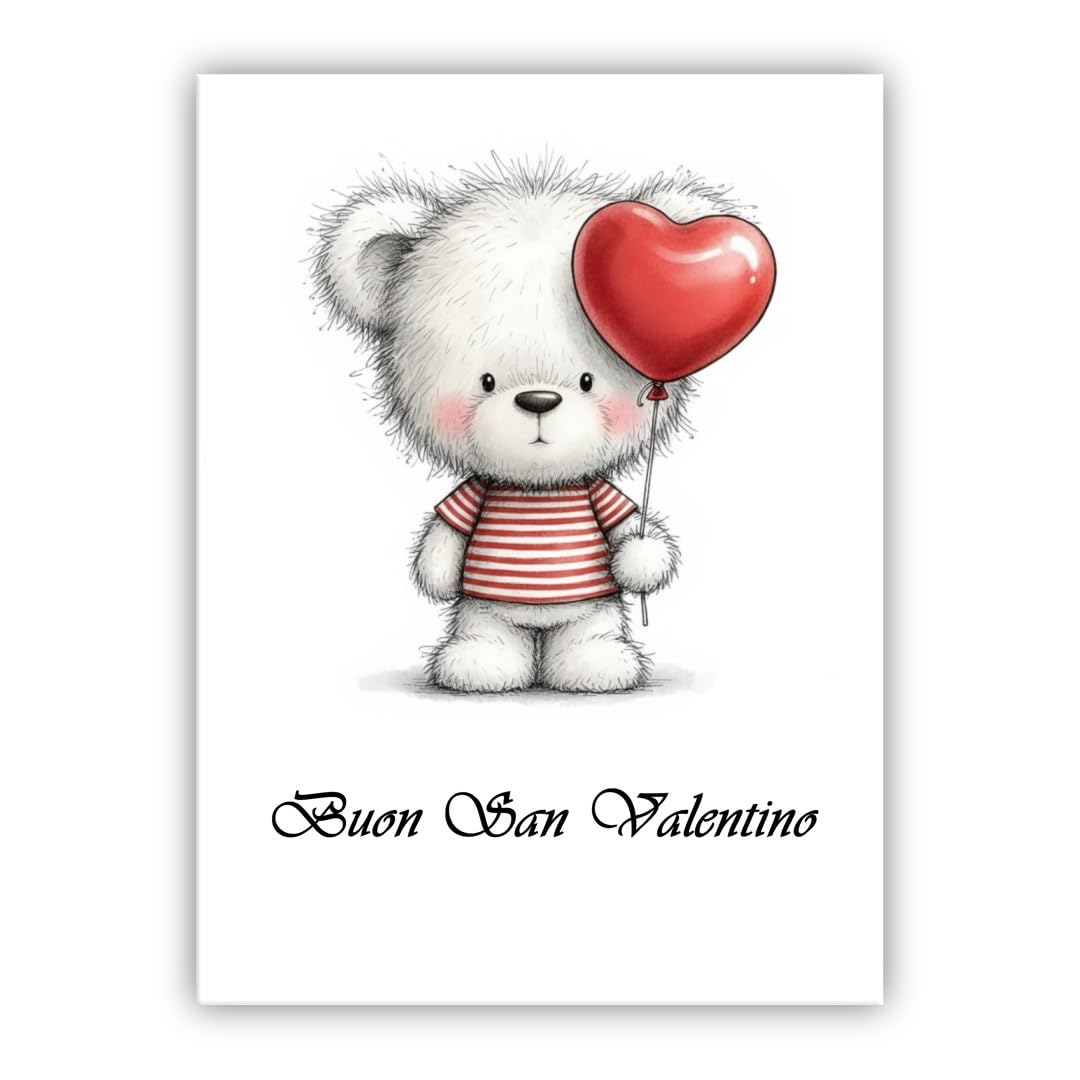 Multilingual Valentine’s Day Card – Cute Bear with Heart Balloon – Romantic Greeting Card for Husband, Wife, Boyfriend, Girlfriend (• Italian: Buon San Valentino)