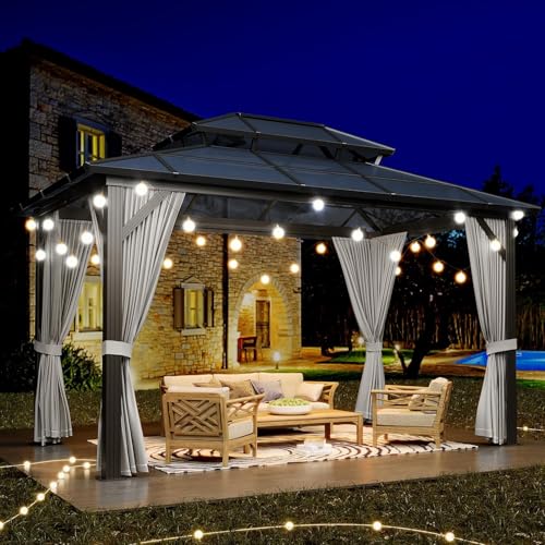 GAOMON 10'x12' Hardtop Gazebo, Outdoor Polycarbonate Double Roof Canopy, Aluminum Frame Permanent Pavilion with Curtains and Netting, Sunshade for Garden, Patio, Lawns (Gray)