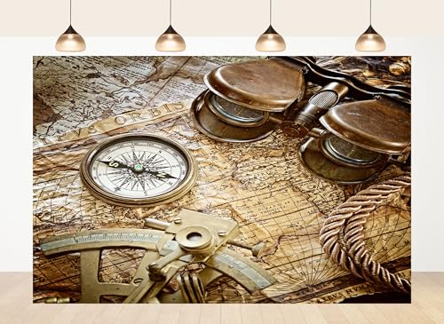 LidyMini 6x3.6ft Fabric Vintage Nautical Tools on Old World Map Backdrop Brass Compass and Binoculars Photography Background Timeless Adventure Charm Party Decor Home Tapestry Photo Props