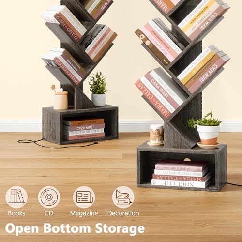 Image of Hoctieon 6 Tier Tree Bookshelf, Tall Bookcase, Freestanding Book Shelf with LED Lights, Display Floor Standing Storage Shelf, Book Organizer Shelves for Home Office, Living Room, Grey