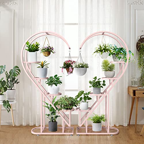 Coutinfly Heart Shaped Plant Stands Outdoor, Pink Large Metal Plant Stand Indoor With Rack, 10 Tiered Tall Flower Stand Plant Shelves For Patio Lawn Garden Balcony Corner Plant Display(2 Pack) #TOP25