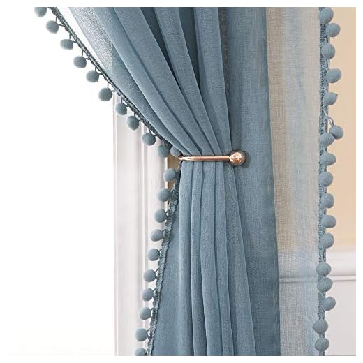 MIULEE Cortinas Bolsillo Poliéster Pom Translucida de Dormitorio Moderno Ventana Visillos Salon para Sala Cuarto Dormitorio Comedor Salon Cocina Salón de 2 Unidades 140 x 225cm Azul Polvoriento