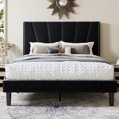 Image of Allewie Full Size Velvet Platform Bed Frame with Adjustable Headboard Black | Height-Adjustable Velvet Headboard, Rivet-Style Nailhead Trim, Wooden Slat Support, No Box Spring Needed, Easy Assembly