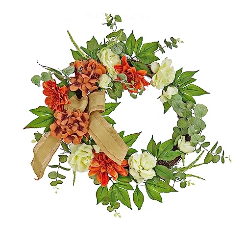 National Tree Company Corona de Cosecha de 24 Pulgadas con hortensias, Rosas, eucalipto y Lazo de arpillera, decoración de Puerta de otoño para otoño